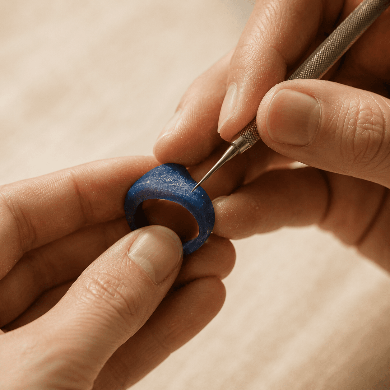 A wax ring being shaped by hand with a detailing tool